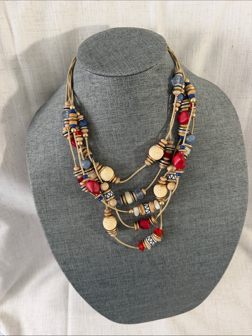 Chico’s Boho Multi-Strand Bead Necklace in Red, Blue & Natural